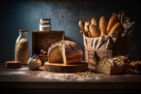 Assorted fresh bakery products composition on dark background. Close up. Baguettes, cupcake, flour and sweet buns. AI generative image.