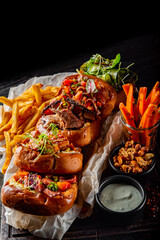 sandwich Set bruschetta with tuna, cheese, roastbeef, vegetables and french fries on a dark wooden board.