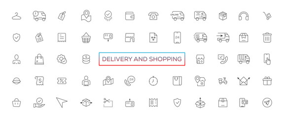 Delivery and shopping line icons collection. Big UI icon set. Thin outline icons pack