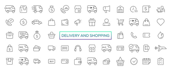 Fototapeta na wymiar Delivery and shopping line icons collection. Big UI icon set. Thin outline icons pack