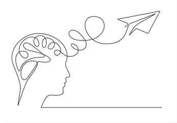 Head and airplane  isolated on white background. Continuous line illustration. One line vector. concept of traveling. Flight of thoughts. Flying thoughts
