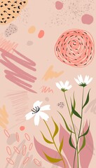Hand drawn wallpaper with flowers and abstract lines