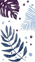 Hand drawn wallpaper with blue leaves and bubbles