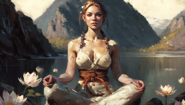 Beautiful Woman in meditation state illustration oil painting style generative ai