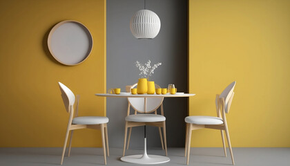 Wooden Round Table and Chairs with Yellow and White Wall. Interior Design For Modern Dining Room, Cafe, Bar or Restaurant. Generative AI  