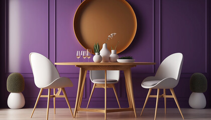 Wooden Round Table and Chairs with Purple and White Wall. Interior Design For Modern Dining Room, Cafe, Bar or Restaurant. Generative AI  