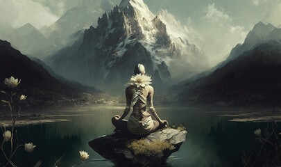 Woman meditating on beautiful landscape from behind generative ai