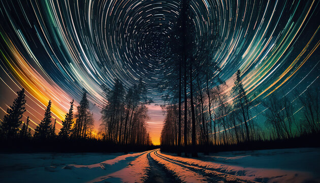 Stunning star trails motion time-lapse night sky with forest silhouette landscape. Beautiful nature astro background. AI generative image.