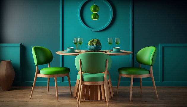 Wooden Round Table and Chairs with Green and Blue Wall. Interior Design For Modern Dining Room, Cafe, Bar or Restaurant. Generative AI  