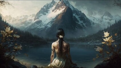 Woman meditating on beautiful landscape from behind generative ai