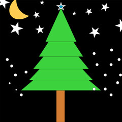 green pine Christmas tree with white snow and all star in black dark night background. half yellow crescent moon on sky