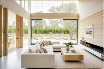 Fototapeta premium Illustration of modern light apartment with big windows created with Generative AI technology.