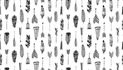 Tribal arrows seamless pattern. Hand drawn thin arrows with feathers. Abstract pen drawing seamless texture. Doodle and native style. Black and white artistic background. Indian, ethnic style elements