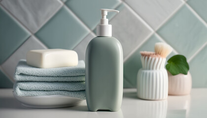 Liquid soap bottle with towels mockup. Indoor background. AI generative image. - obrazy, fototapety, plakaty