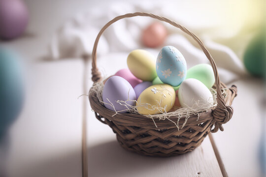 Beautiful close up Easter basket full of multicolored dyed eggs. Horizontal holiday banner. Bright morning indoor background. AI generative image.