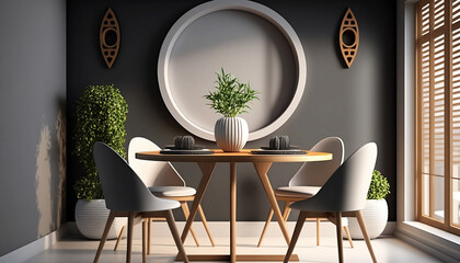 Wooden Round Table and Chairs with White and Black Wall. Interior Design For Modern Dining Room, Cafe, Bar or Restaurant. Generative AI  