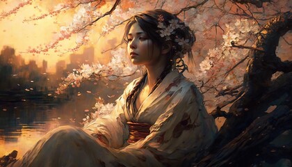 Beautiful woman meditating under Sakura tree oil painting style generative ai