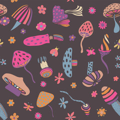 Very bright seamless pattern of colored large mushrooms. Bright mushrooms. A lot of mushrooms. Fabric, wallpaper. Vector illustration.