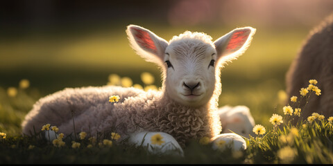 Adorable and cute small lamb grazing on sunny lawn. Farm animal with copy space outdoor background. Golden hour. AI generative image.