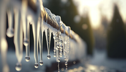 Horizontal banner with close up thawing icicles. Spring is coming. AI generative image.