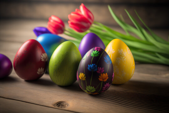 Painted Easter eggs with tulip flowers. Spring holiday horizontal banner or greeting card template. AI generative image.