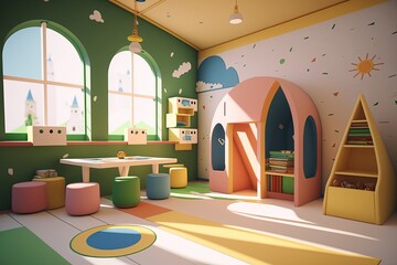 Classroom of kindergarten interior design. Generative AI - obrazy, fototapety, plakaty
