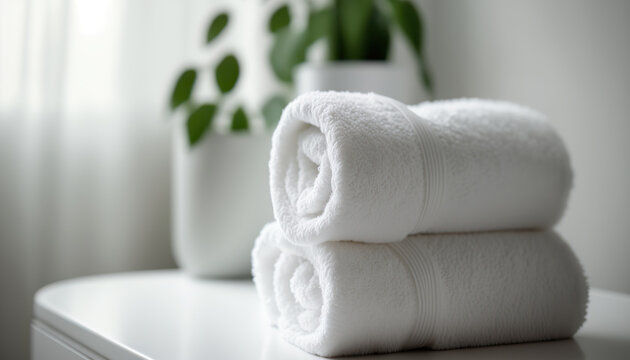 Rolled up clean fresh cotton white towels on table, blurred indoor hotel cozy room with plants. AI generative image.