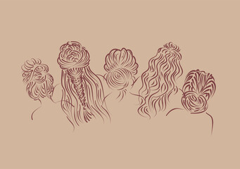 Five different women stand side by side. Women's History Month banner. Flat vector illustration. International Women's Day greeting card. Abstract different women portraits in one line style .