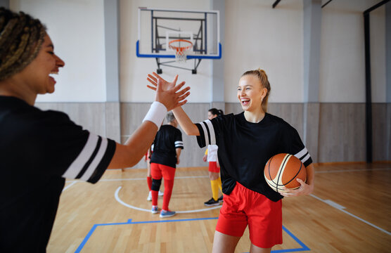 Women, sports team players, in gym celebrating victory.