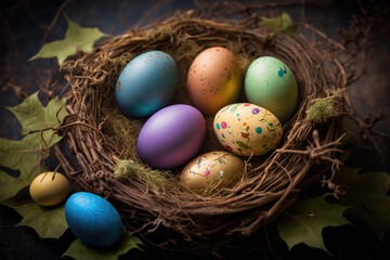Fototapeta na wymiar colorful easter nest with easter eggs, generative AI