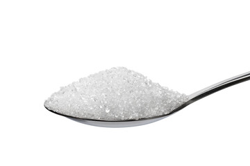 Spoon with white sweet crystal sugar close up on white background