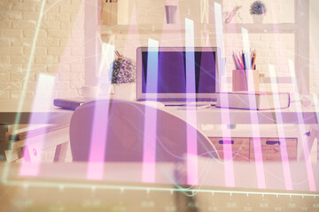 Double exposure of financial graph drawing and office interior background. Concept of stock market.