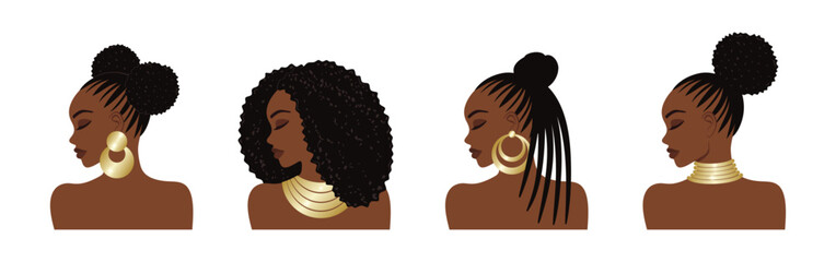 African American women with different hairstyles and gold jewelry on a white background. Female portrait in profile, side view. Cute dark-skinned girl with black hair, earring and necklace. Vector set