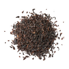 Heap of Indonesian Java Melange dried tea leaves close up isolated on white background
