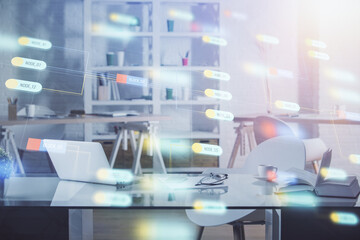 Multi exposure of data theme drawing and office interior background. Concept of technology.