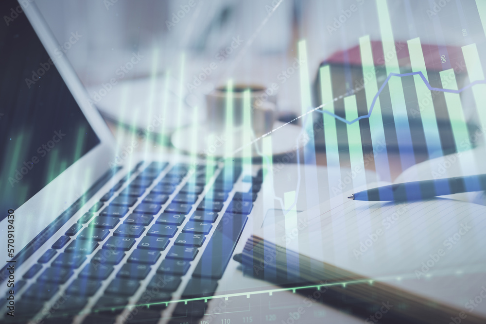 Poster double exposure of financial chart drawing and desktop with coffee and items on table background. co