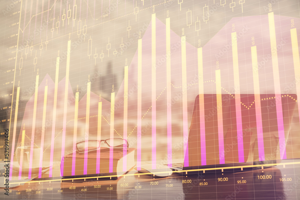 Poster double exposure of financial chart drawings and desk with open notebook background. concept of forex