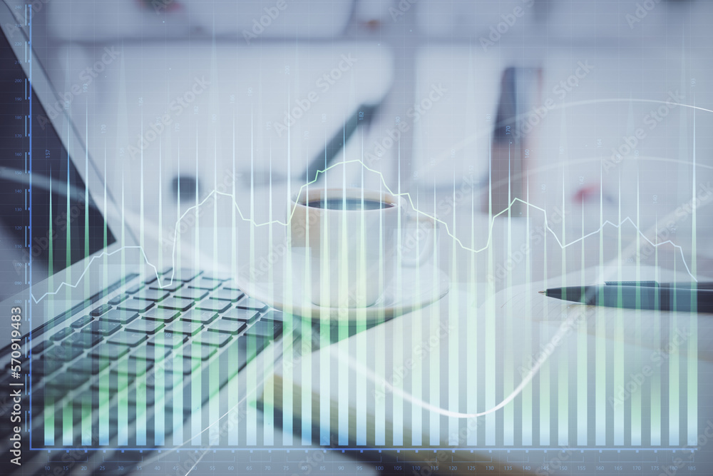 Aufkleber double exposure of financial chart drawing and desktop with coffee and items on table background. co