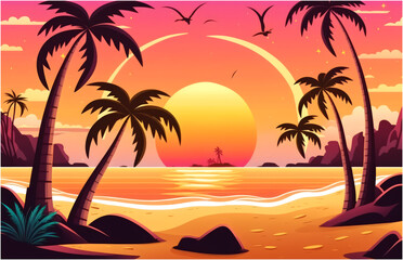 Fototapeta na wymiar Cartoon Illustration of Ocean Landscape in Sunset or Sunrise with Beautiful Pink Sky and Sun Reflection over the Water Beautiful Nature with Palm Trees and Beach