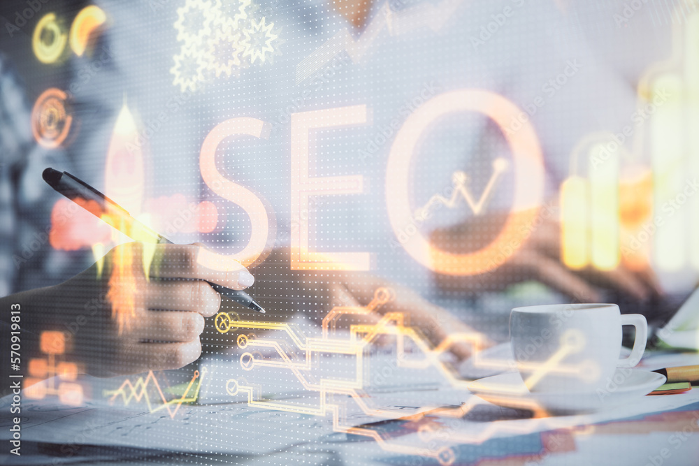 Poster double exposure of seo drawing over people taking notes background. concept of search optimization