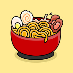Delicious Ramen Noodle Soup. Vector cartoon ramen on a bowl.