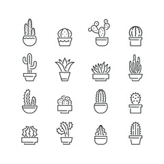 Cactus related icons: thin vector icon set, black and white kit