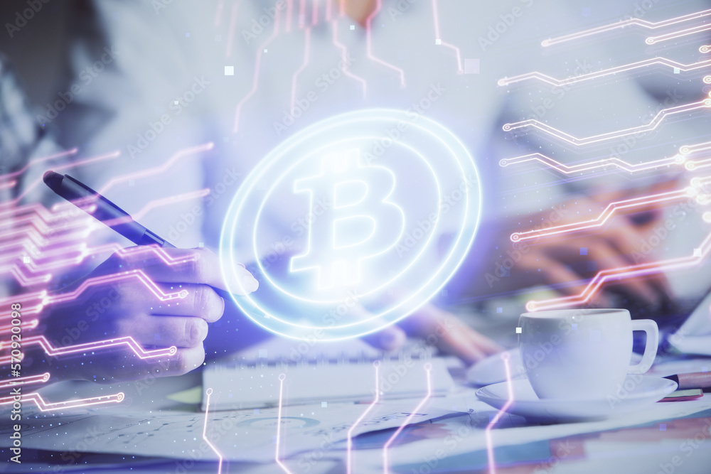 Poster double exposure of blockchain theme drawing over people taking notes background. concept of cryptocu