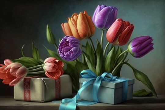 a bouquet of colorful tulips with gifts, international women's day holiday