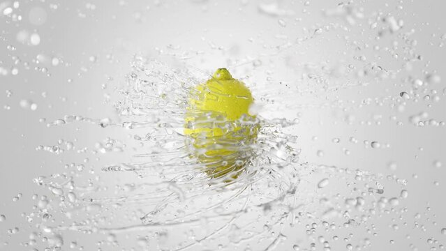 Fresh Lemon rotating on light background with splashing yellow liquid flying from fruit. Nice water coming around nice fruit in slow motion. 3D render liquid simulation. Juice splash.