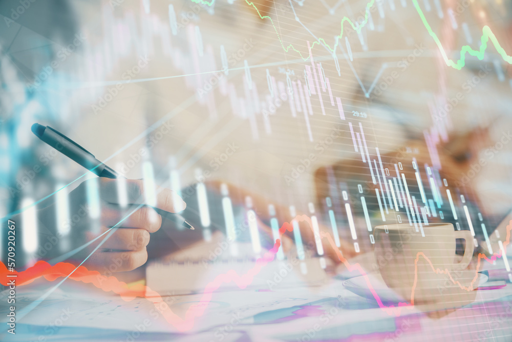 Poster double exposure of forex graph drawing over people taking notes background. concept of financial ana