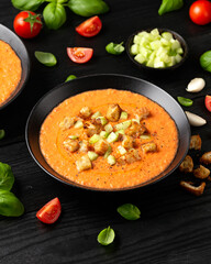 Traditional spanish Gazpacho soup with tomatoes, vegetables and croutons. Healthy summer food