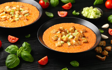 Traditional spanish Gazpacho soup with tomatoes, vegetables and croutons. Healthy summer food