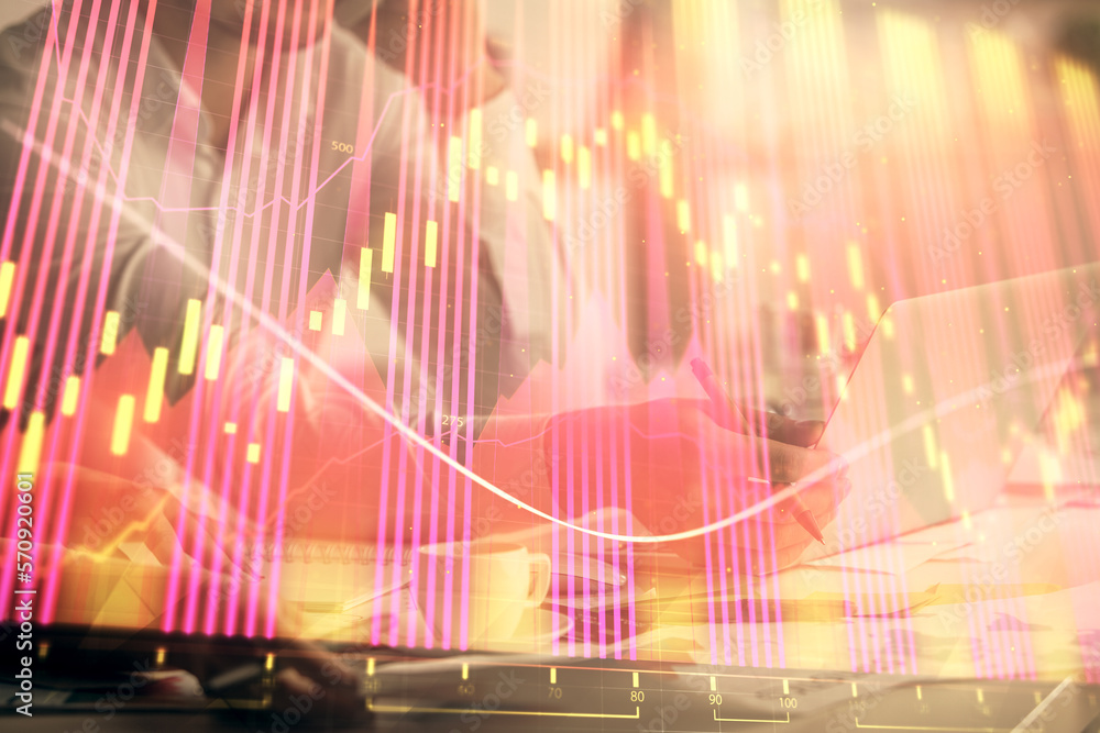 Poster multi exposure of man and woman working together and financial chart hologram. business concept. com