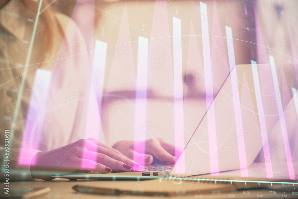 Poster double exposure of woman hands working on computer and forex graph hologram drawing. financial analy